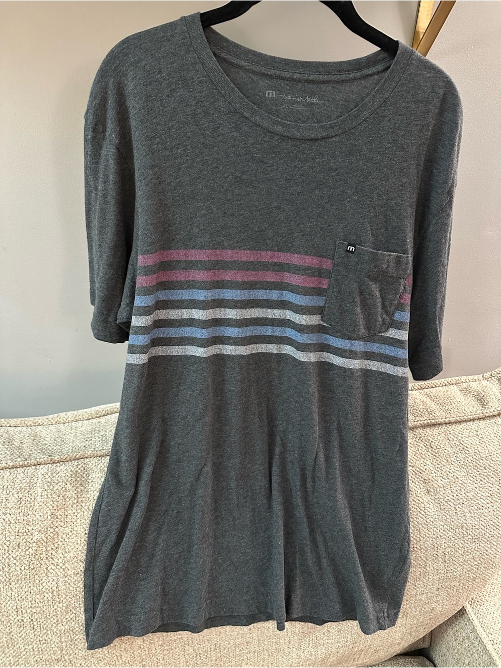 Travis Mathew Charcoal Short Sleeve Tee with Pink, Blue & Light Gray Stripes